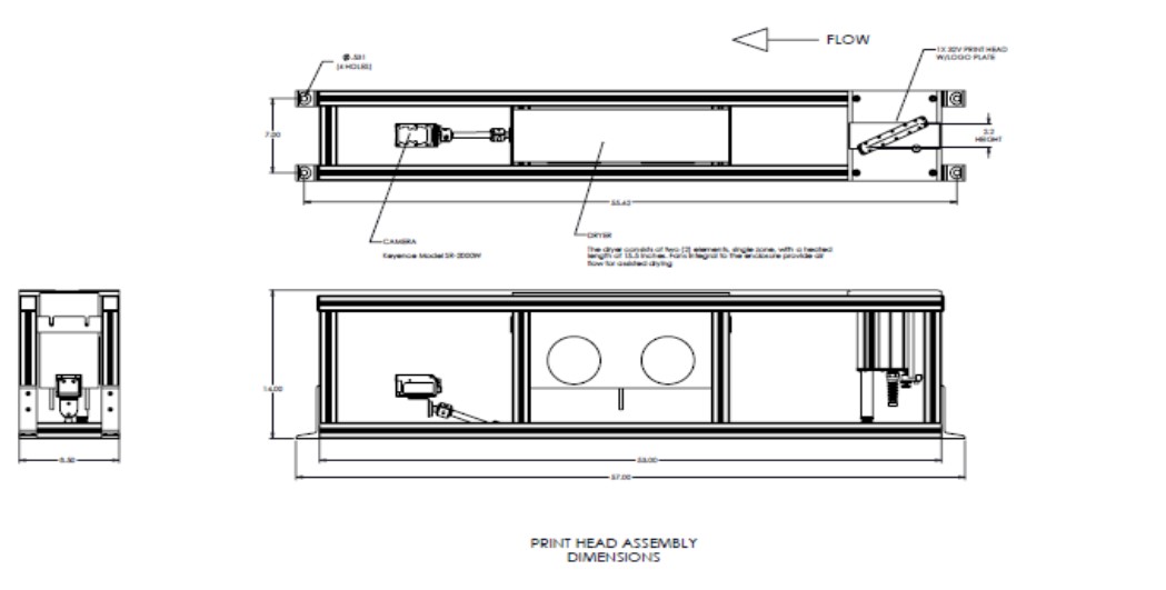 Technische Zeichnung der Position des Druckkopfes innerhalb der Produktionslinie