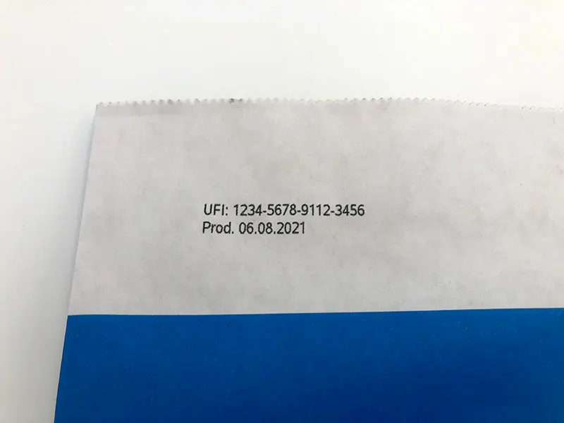 UFI-Kennzeichnung auf Papiertüte mit L-Serie