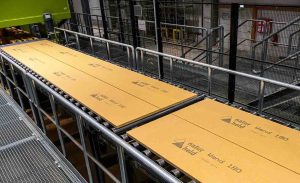 Wood fiber insulation boards with markings.