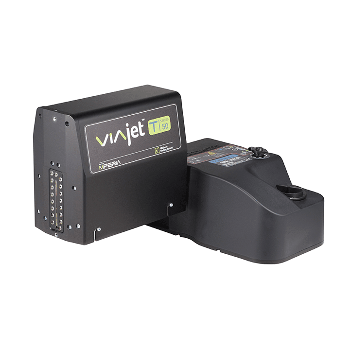 Der T50E-Piezo Tinte -Drucker in einer schrägen Produktansicht mit integriertem Tintensystem.