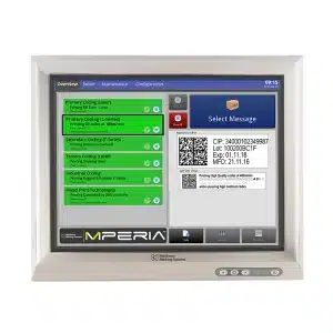 Vorderansicht des geschlossenen 12-Zoll-Touchscreen-Controllers MPERIA mit der Bedienoberfläche zur Steuerung industrieller Markierungs-, Codierungs- und Etikettiersysteme in Produktionsumgebungen.
