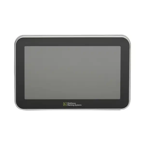 Das 8-Zoll-Industrie-Touchscreen-Steuerungsdisplay von MPERIA, von vorne gesehen, mit einer Breitbild-Bedienoberfläche für die Verwaltung von Markierungs- und Codiersystemen.