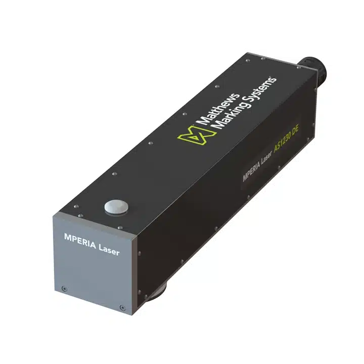 Seitenansicht des MPERIA 100W-Faserlaser-Markiersystems für die dauerhafte Hochgeschwindigkeitsmarkierung von Metall- und Kunststoffteilen.