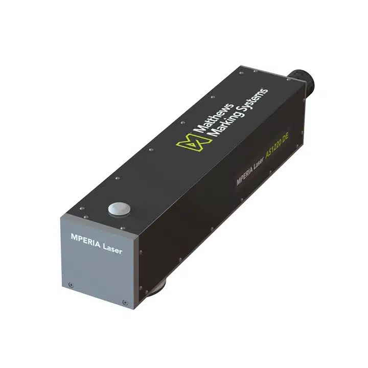 Das MPERIA 50W-Faserlaser-Markiersystem, dargestellt in einer schrägen Produktansicht, für dauerhafte industrielle Markierungsanwendungen.