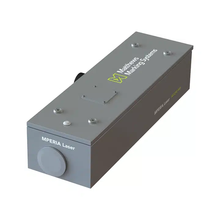 Das UV-Laser-Beschriftungsystem MPERIA 5W, dargestellt in einer schrägen Produktansicht, für kontrastreiche, dauerhafte Beschriftungsanwendungen.