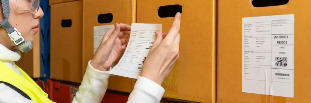 Lagerarbeiter, der Klebeetiketten auf verpackte Kartons aufbringt