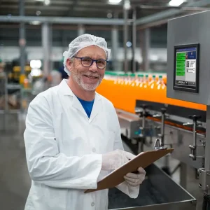 Porträt eines lächelnden Fabrikingenieurs, der in einer Getränkefabrik Aufzeichnungen auf einem Klemmbrett festhält