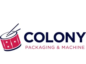 Logo von Colony Packaging & Machine mit rotem Trommelsymbol und Text.