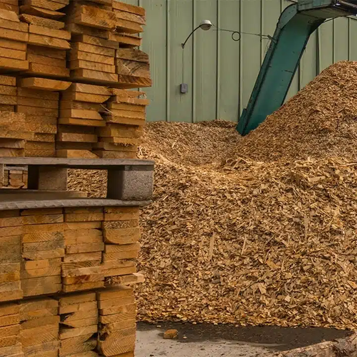 Gestapeltes Schnittholz neben einem großen Haufen Holzspäne in einem Sägewerk.