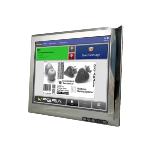 MPERIA HE (Harsh Environment)-Steuergerät mit Obstbildern und Codes auf dem Bildschirm.