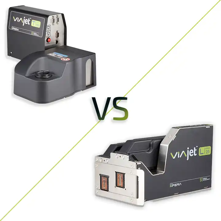 Vergleich von Tinte Thermal-Inkjet-Drucker) und Tinte MPERIA® T-Serie) für hochauflösende Verpackungskennzeichnungsanwendungen.