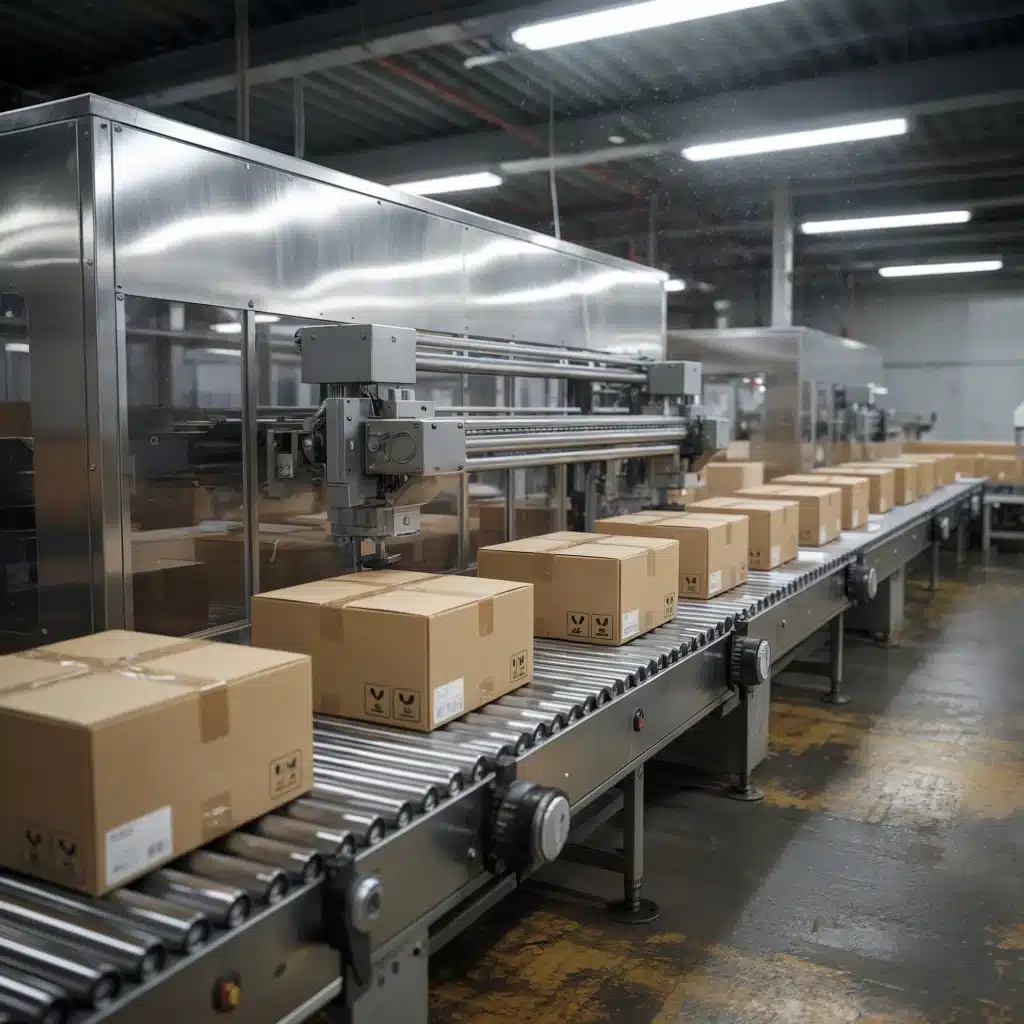 Automatisierte Produktionslinie, auf der etikettierte Kartons durch eine industrielle Verpackungsanlage befördert werden.