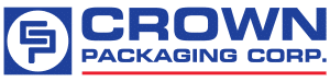Logo der Crown Packaging Corp. mit einem blauen „CP“-Monogramm in einem Kreis auf der linken Seite und dem Firmennamen in fetten blauen Buchstaben mit roter Unterstreichung.