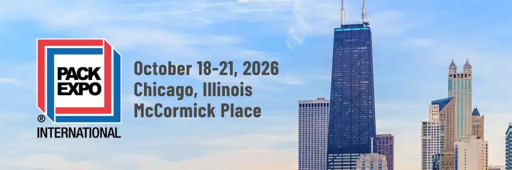 Veranstaltungsdetails zur PACK EXPO International 2026 vor der Kulisse der Skyline von Chicago; 18. bis 21. Oktober im McCormick Place.