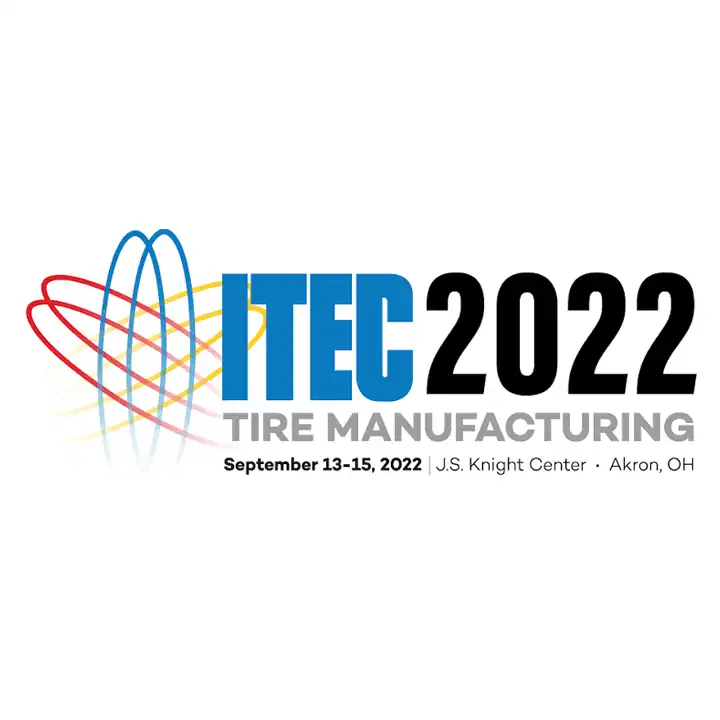 Logo der ITEC 2022-Konferenz zur Reifenherstellung mit Veranstaltungsterminen und dem Veranstaltungsort Akron, Ohio.