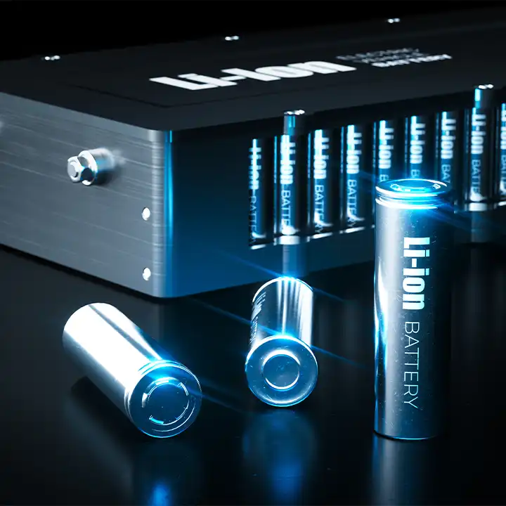 Lithium-Ionen-Batteriezellen, ausgestellt neben Anlagen zur Batterieherstellung.