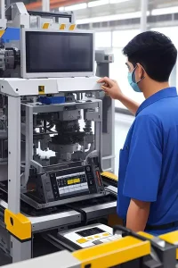 Fertigungsmitarbeiter, der automatisierte Produktionsanlagen bedient