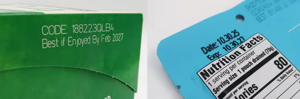 Direkter Vergleich zwischen Laser- und „ Tinte “-Markierungen auf Produktverpackungen, wobei ein weißes Mindesthaltbarkeitsdatum und ein Produktcode auf einem grünen Karton sowie schwarze Verfallsdaten auf einer blauen Verpackung zu sehen sind.