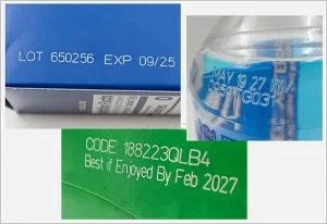 Beispiele für lasergravierte Chargennummern, Verfallsdaten und Produktkennungen auf blauen Kartons, Plastikflaschen und grünen Verpackungen.