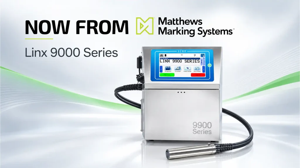 Industrieller Tinte -Drucker der Linx 9900-Serie mit Druckkopf, abgebildet neben dem Schriftzug „Now from Matthews Marking Systems“.