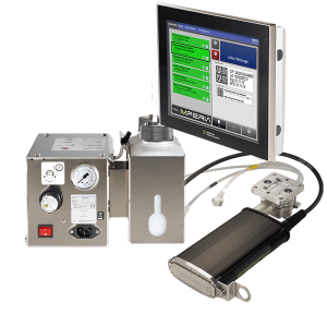 Matthews Marking Systems  Tinte -Drucksystem der V-Serie mit Drop-on-Demand-Technologie, bestehend aus MPERIA-Steuerung, Druckkopf und Komponenten für die Tintenversorgung aus Großbehältern.