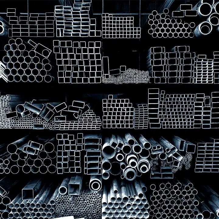 Stapel aus Stahl- und Aluminiumrohren sowie Metallprofilen in verschiedenen runden, quadratischen und rechteckigen Formen, die auf industriellen Lagerregalen angeordnet sind.