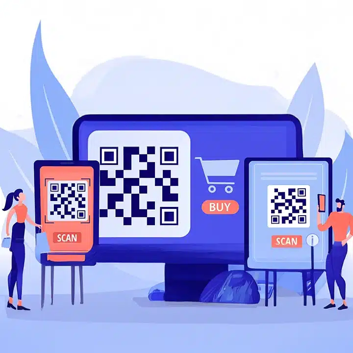 Illustration von QR-Codes, die auf digitalen Bildschirmen mit Einkaufssymbolen angezeigt werden und das Scannen von QR-Codes, die Produktauthentifizierung sowie die Kundenbindung hervorheben.