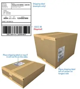 Diagramm zur Veranschaulichung der Anforderungen von Walmart an Versandetiketten, einschließlich SSCC-18-Barcodes und der korrekten Anbringung der Etiketten auf Wellpappkartons.